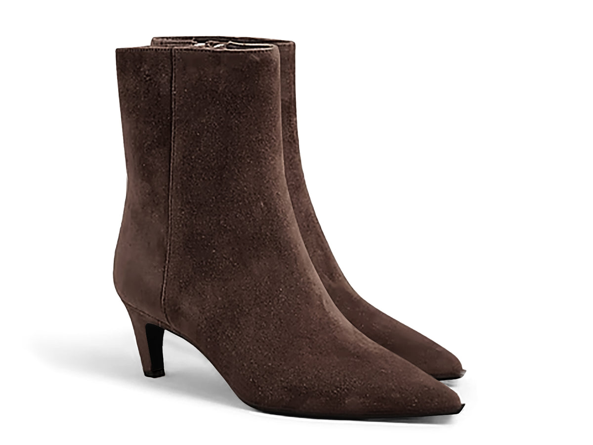 Coutgo Womens Chocolate Suede Pointed Toe Kitten Heel Side Zipper Fall Ankle Boots