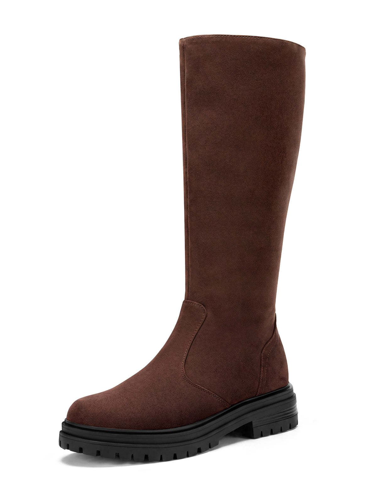 Coutgo Womens Suede Chocolate Brown Chunky Heel Knee Boots