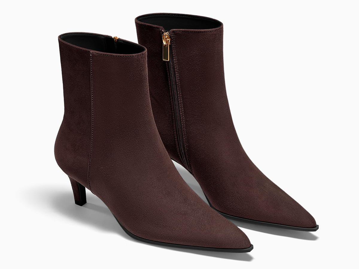 Coutgo Womens Chocolate Suede Pointed Toe Kitten Heel Side Zipper Fall Ankle Boots