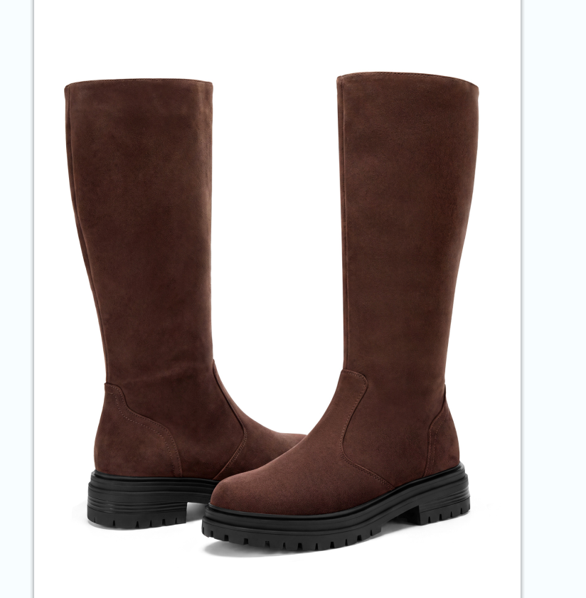 Coutgo Womens Suede Chocolate Brown Chunky Heel Knee Boots