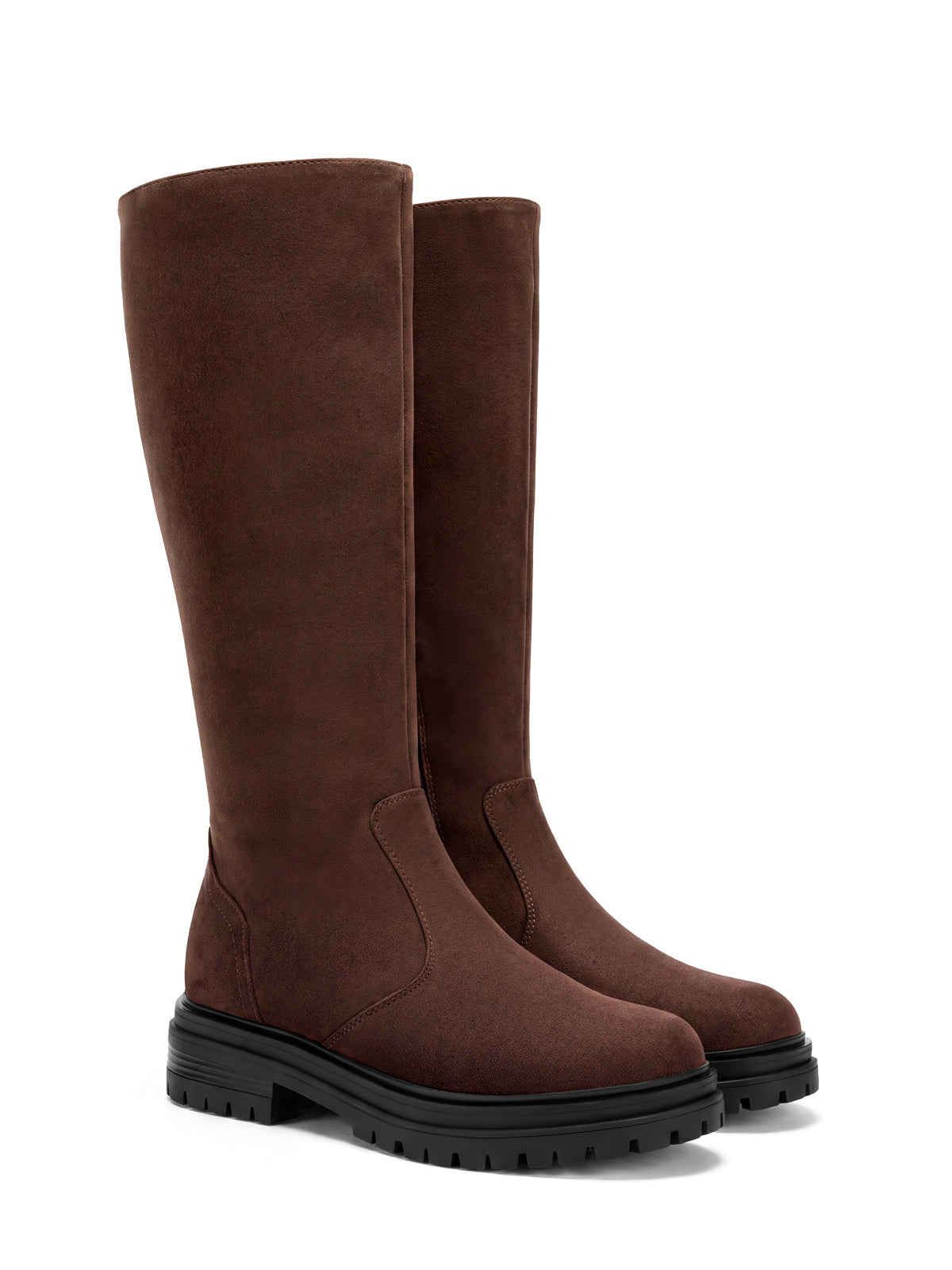 Coutgo Womens Suede Chocolate Brown Chunky Heel Knee Boots