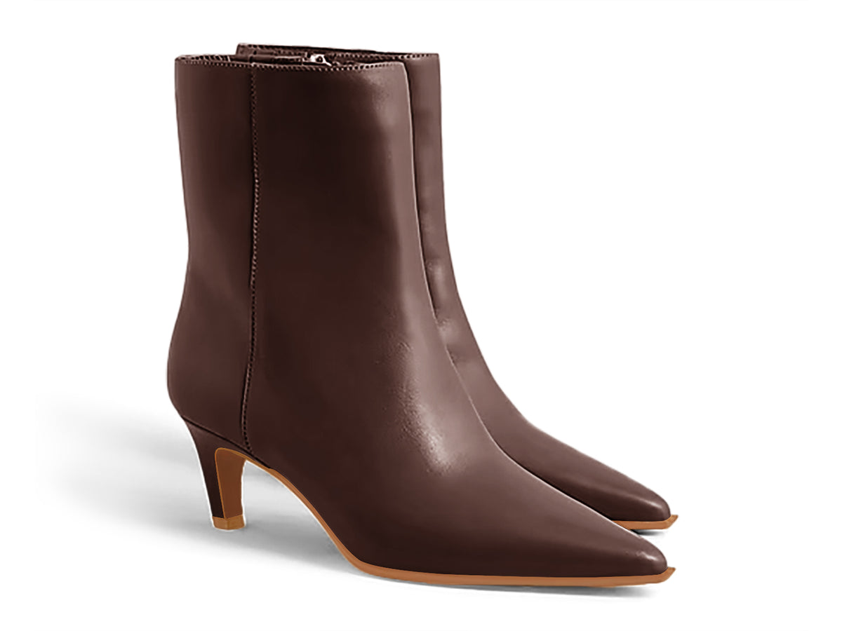 Coutgo Womens Dark Brown PU Pointed Toe Kitten Heel Side Zipper Fall Ankle Boots