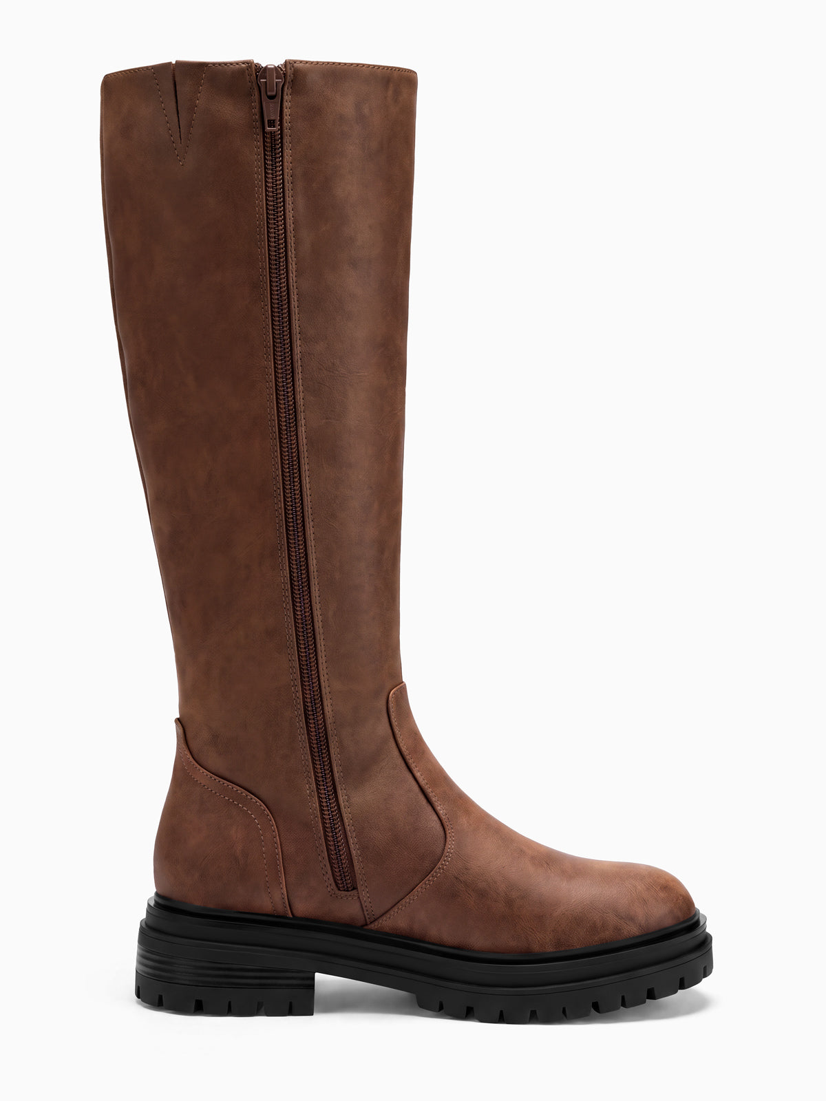 Coutgo Womens PU Brown Chunky Heel Knee Boots