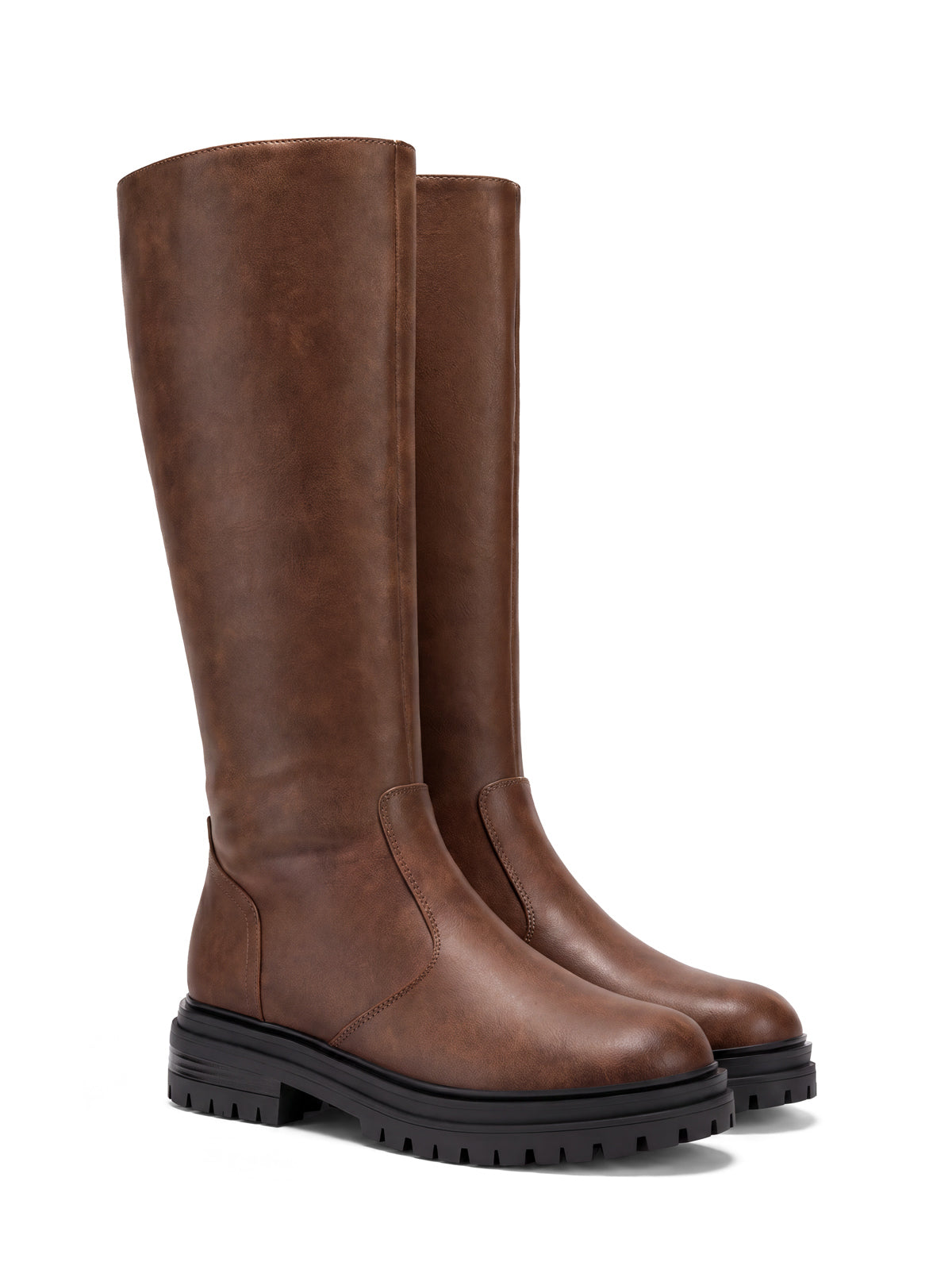 Coutgo Womens PU Brown Chunky Heel Knee Boots