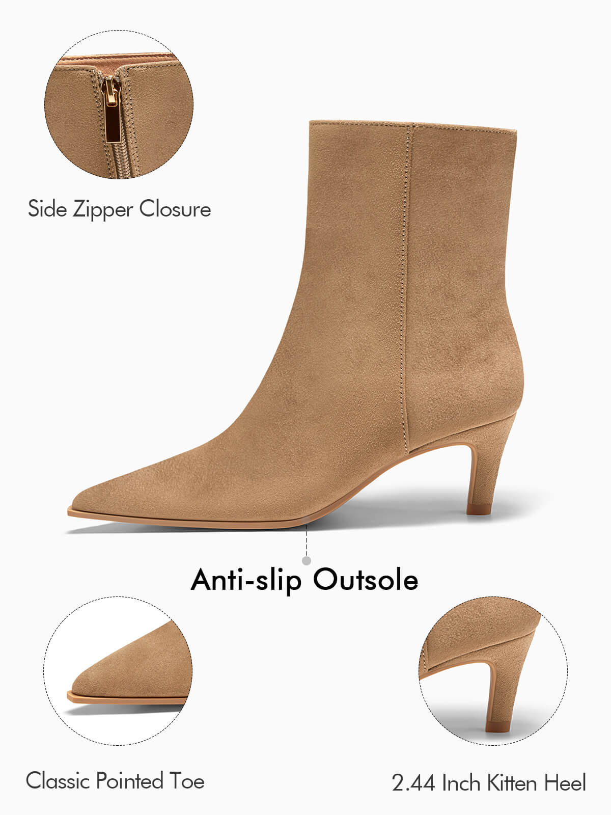 Coutgo Womens Dark Khaki Suede Pointed Toe Kitten Heel Side Zipper Fall Ankle Boots