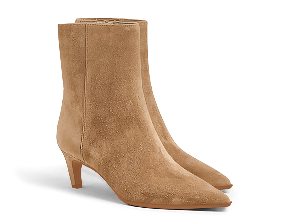 Coutgo Womens Dark Khaki Suede Pointed Toe Kitten Heel Side Zipper Fall Ankle Boots