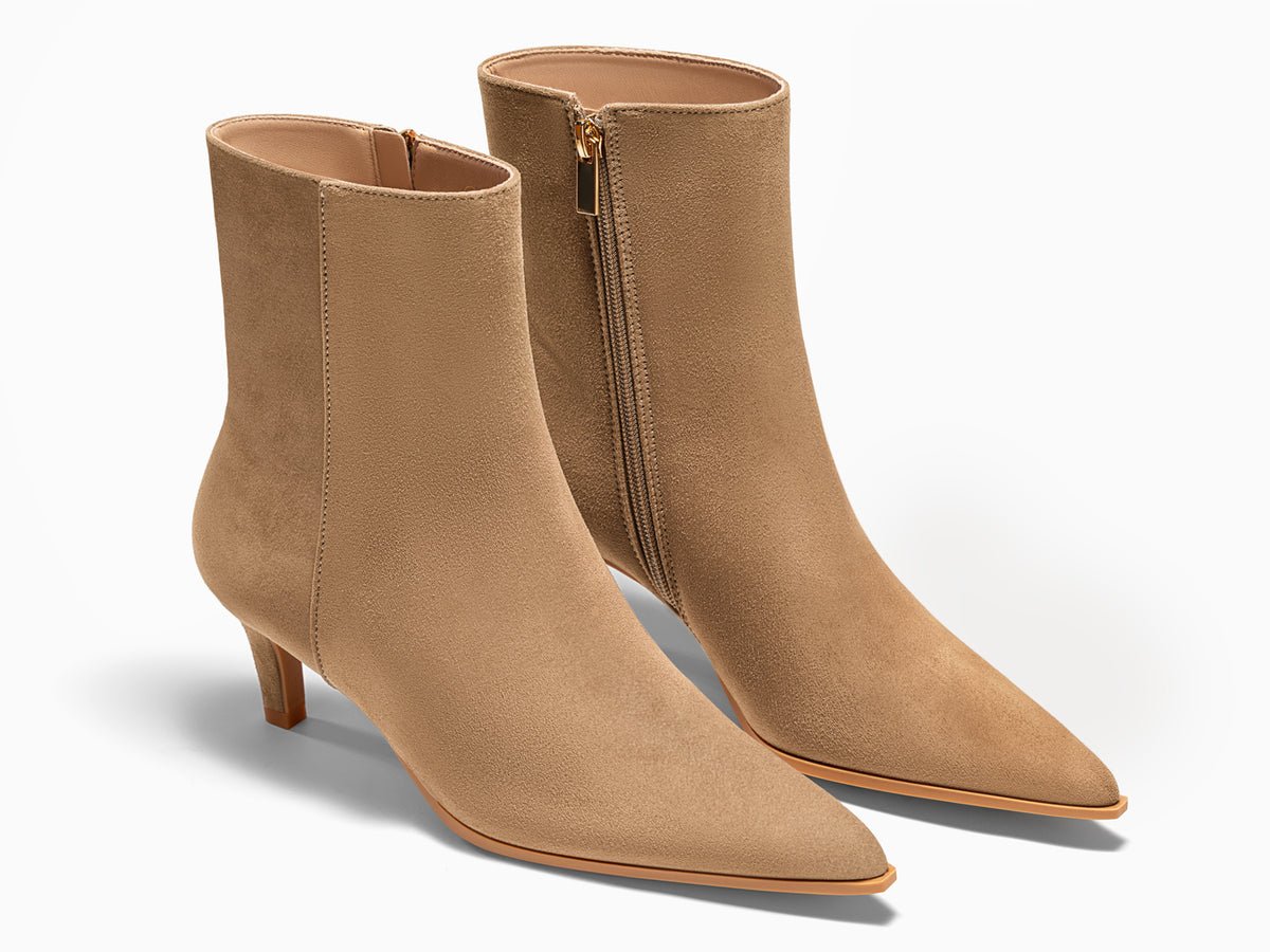 Coutgo Womens Dark Khaki Suede Pointed Toe Kitten Heel Side Zipper Fall Ankle Boots