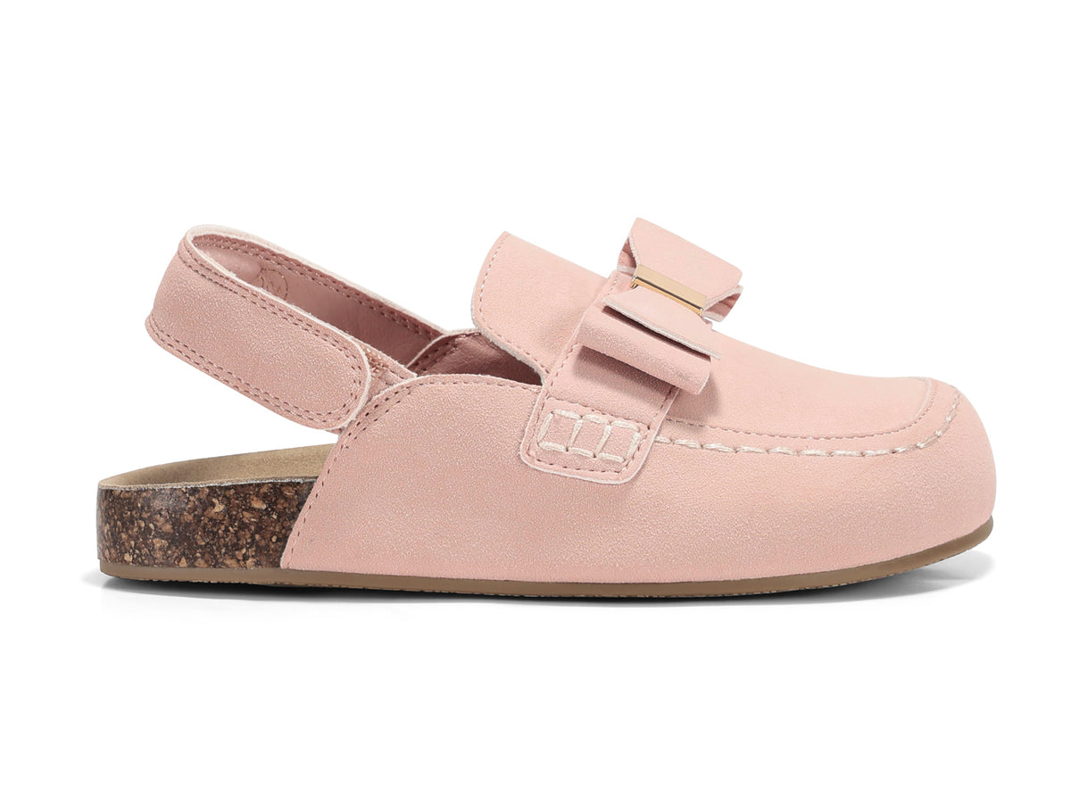 A single light pink slip-on clog sandal with a decorative bow on the vamp and a textured brown cork-look heel, shown from a side profile on a white background.