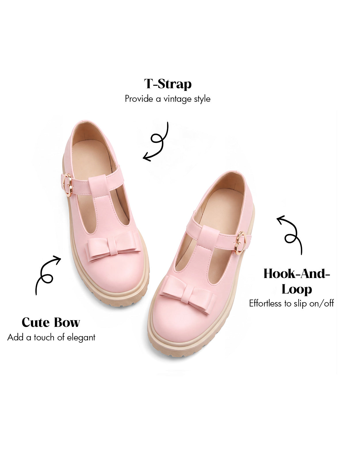 Coutgo Girls Pink PU Bow T-Strap Patent Chunky Platform Mary Jane Flats