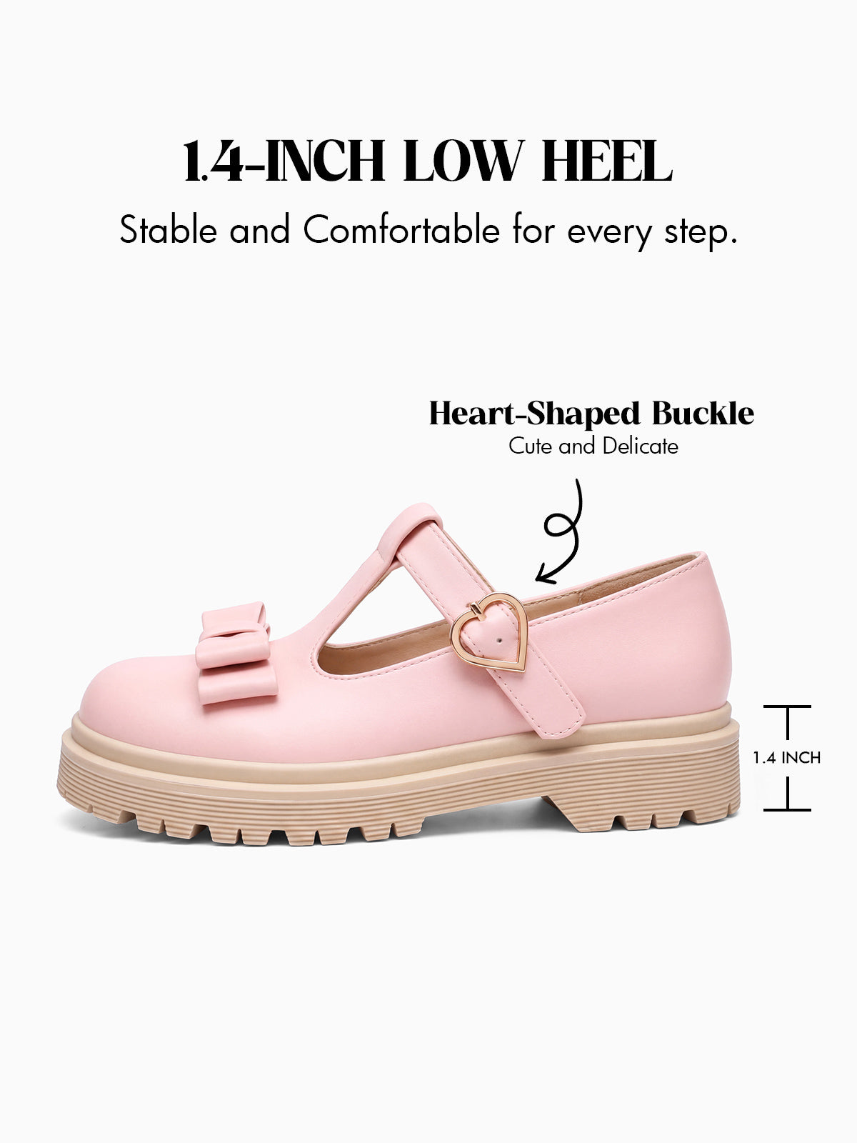 Coutgo Girls Pink PU Bow T-Strap Patent Chunky Platform Mary Jane Flats