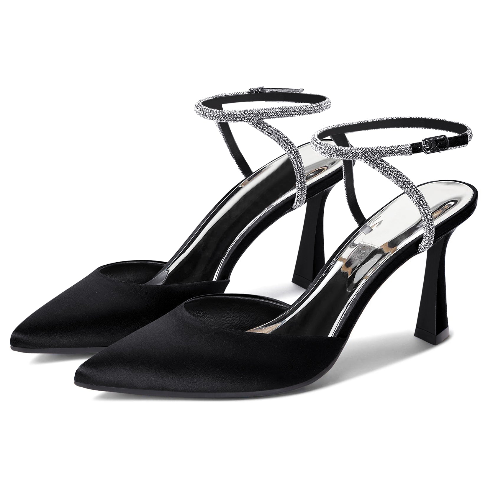 Coutgo Women Black Satin Rhinestone Pumps
