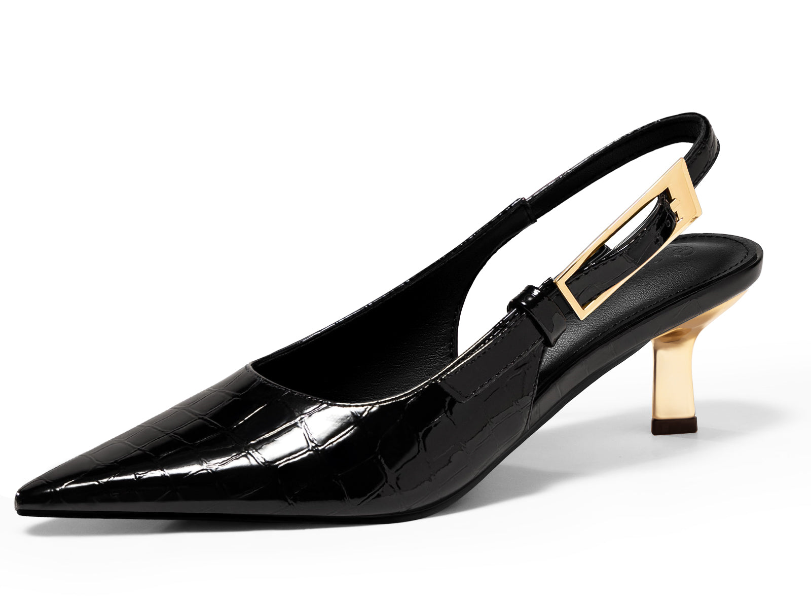 Coutgo Womens Black Croc Slingback Kitten Heels