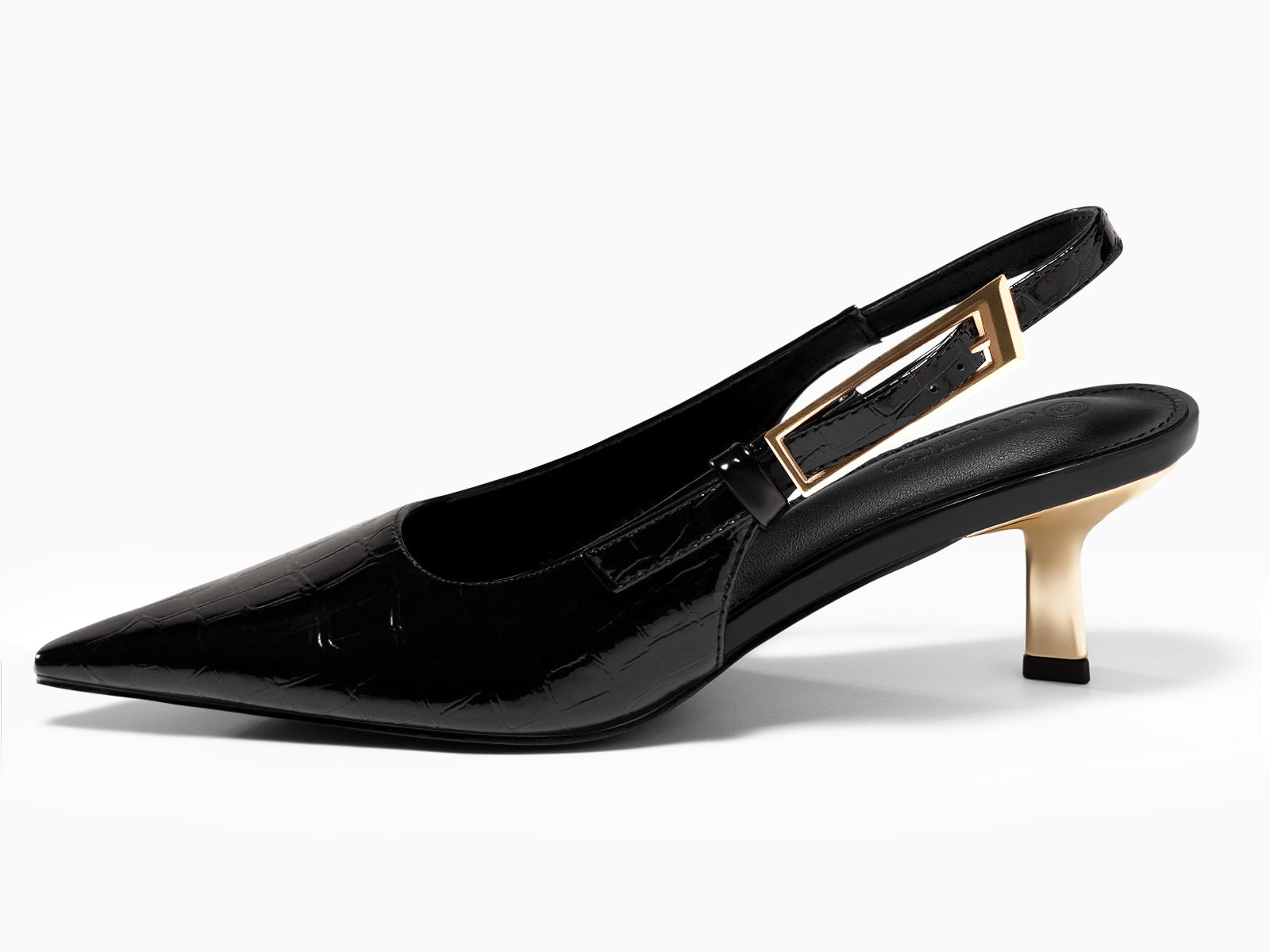 Coutgo Womens Black Croc Slingback Kitten Heels