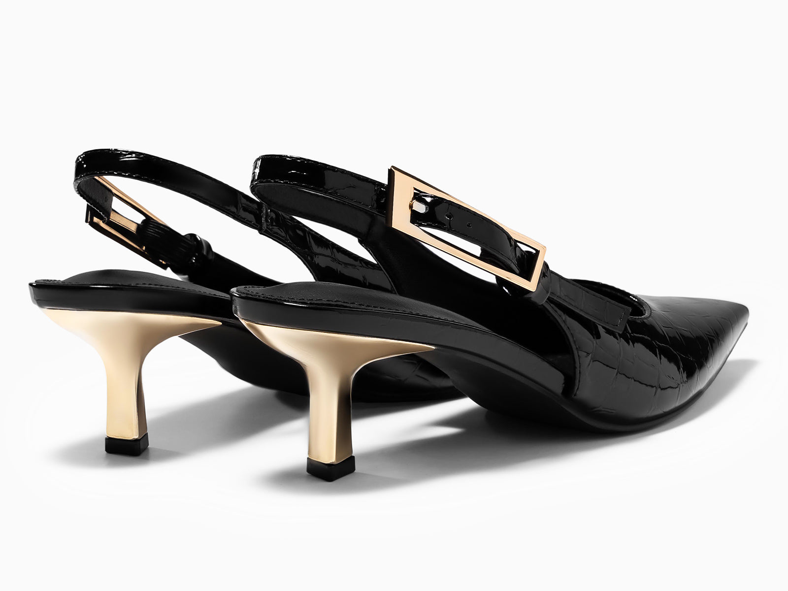 Coutgo Womens Black Croc Slingback Kitten Heels