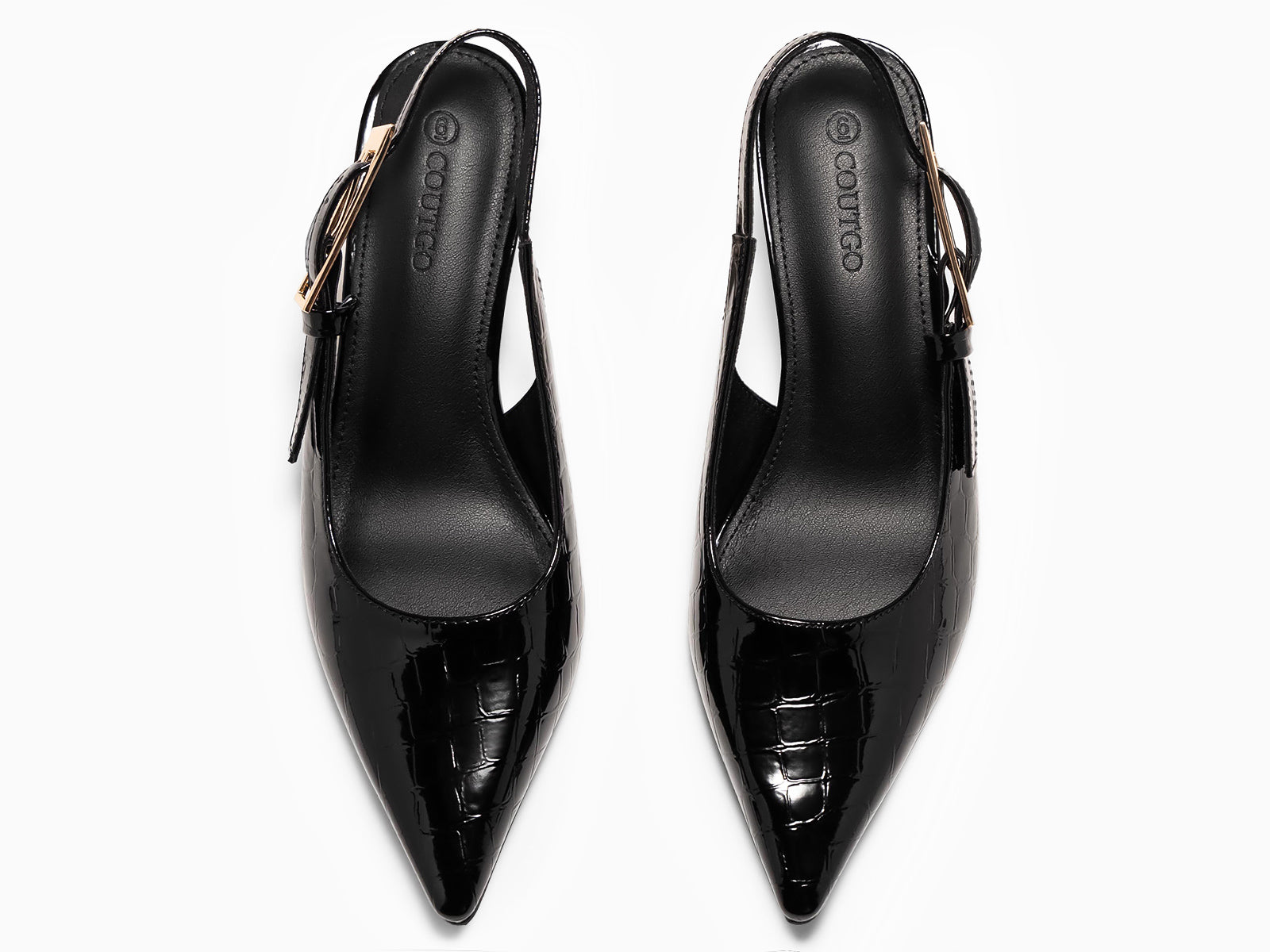 Coutgo Womens Black Croc Slingback Kitten Heels