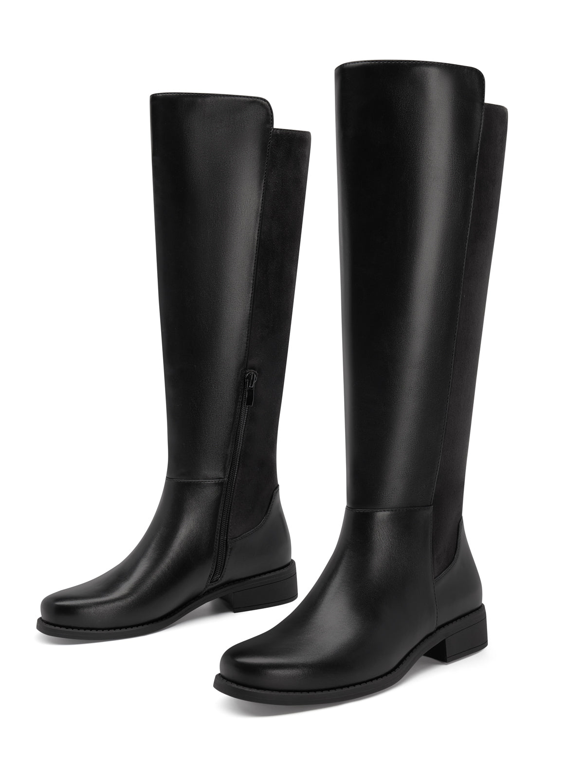 Coutgo Women Black Pu & Suede Round Toe Riding Boots