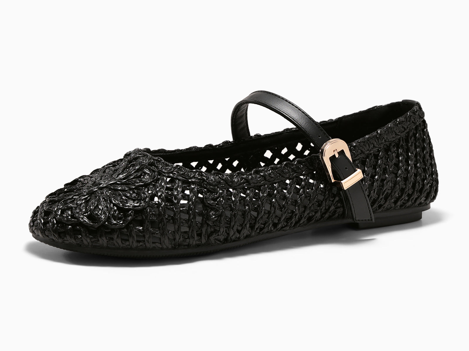 Coutgo Womens Mary Jane Black Woven Flats