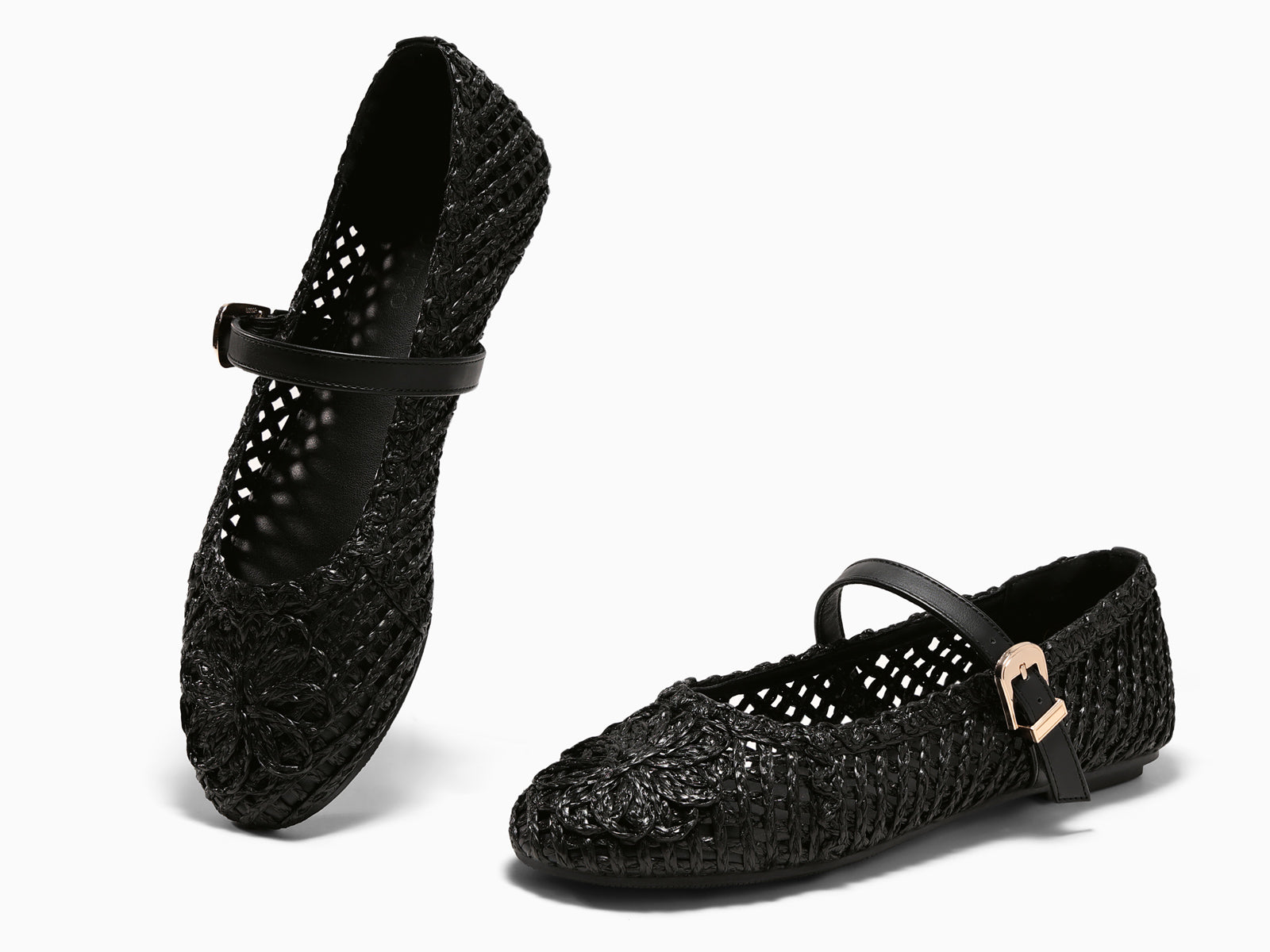 Coutgo Womens Mary Jane Black Woven Flats