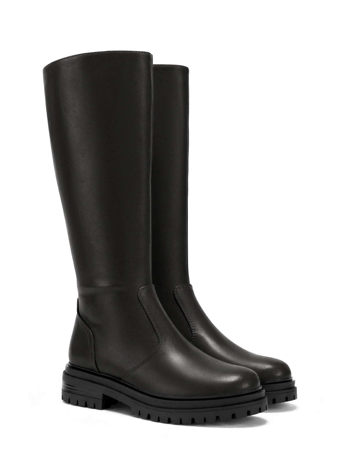Coutgo Womens PU Black Chunky Heel Knee Boots