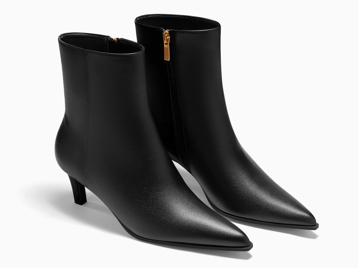 Coutgo Womens Black PU Pointed Toe Kitten Heel Side Zipper Fall Ankle Boots
