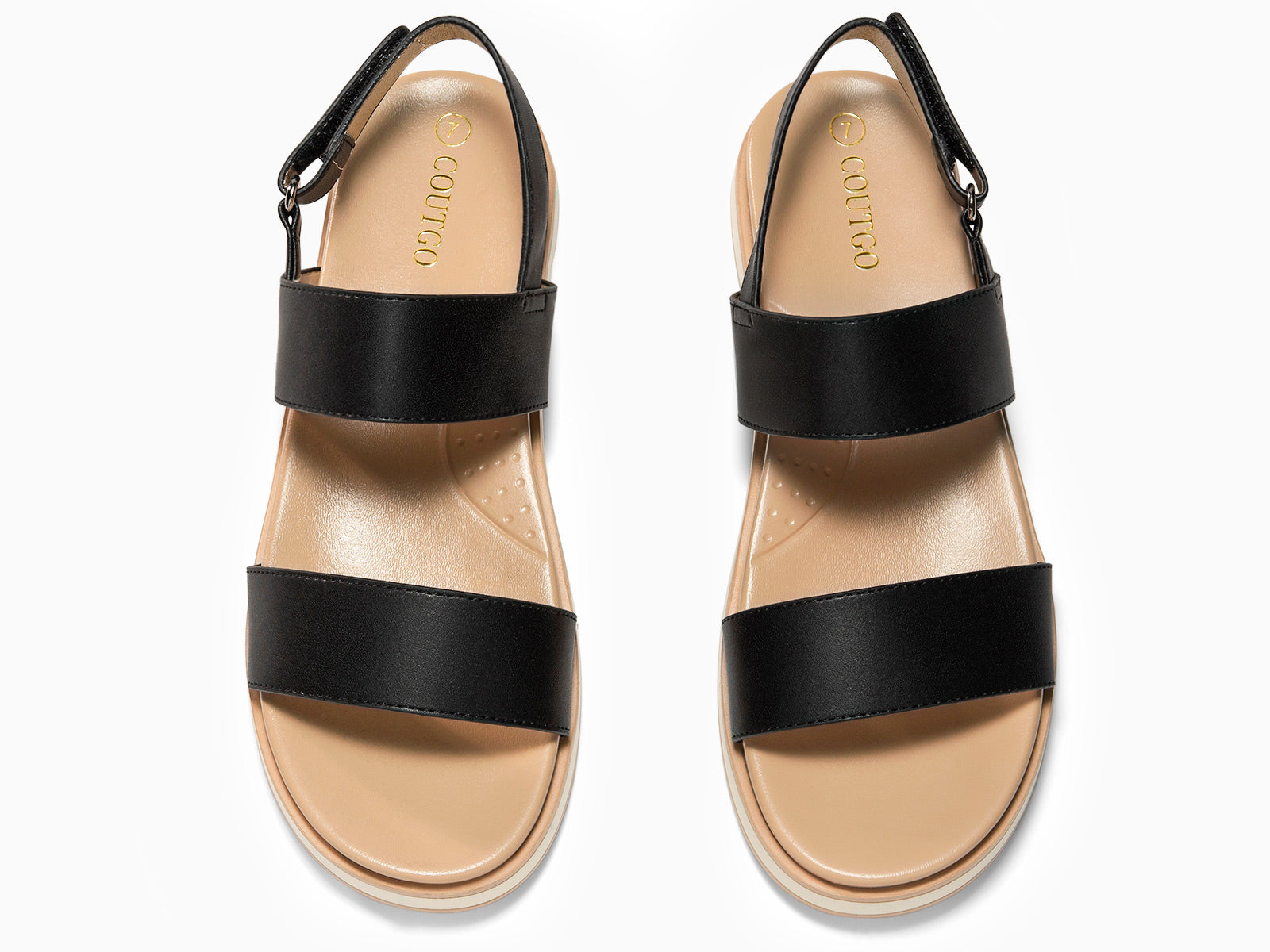 Coutgo Womens Black Double Strap Flat Sandals