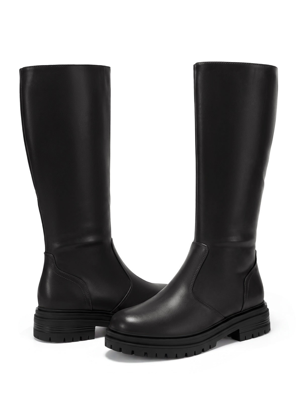 Coutgo Womens PU Black Chunky Heel Knee Boots