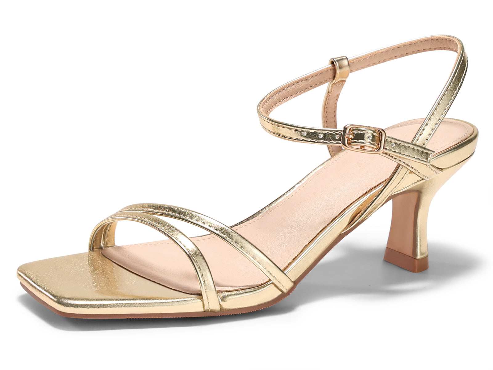 Coutgo Womens Gold Strappy Low Kitten Heels