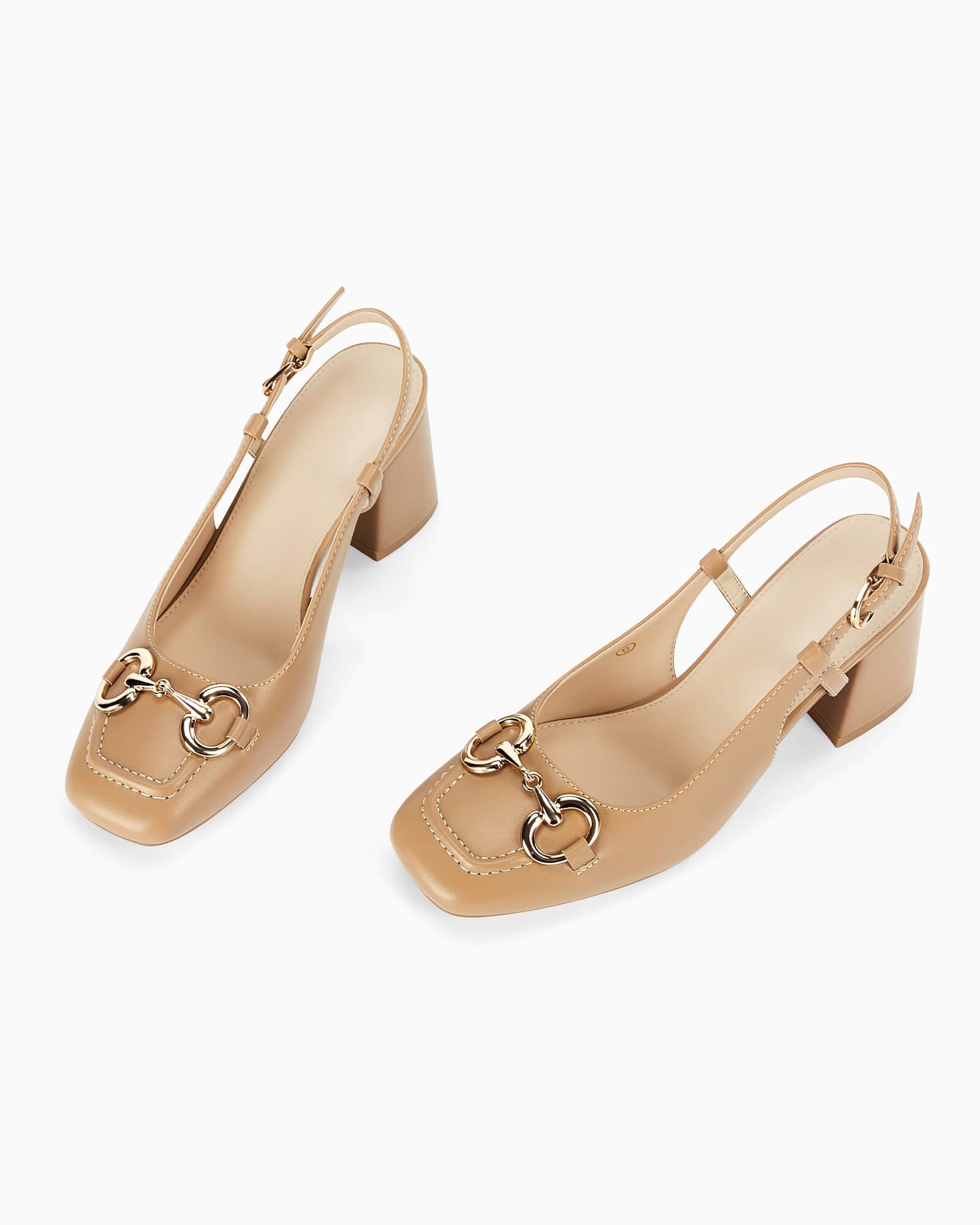 Coutgo Women's Khaki Slingback Chunky Block Heels