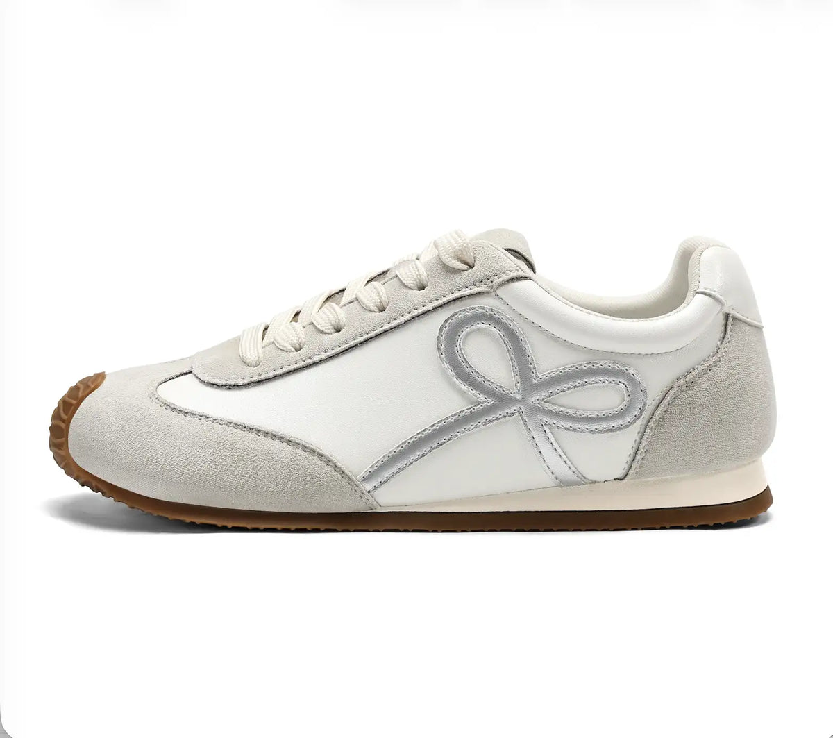 Coutgo Womens Light Grey Bow Lace-Up Casual Sneakers