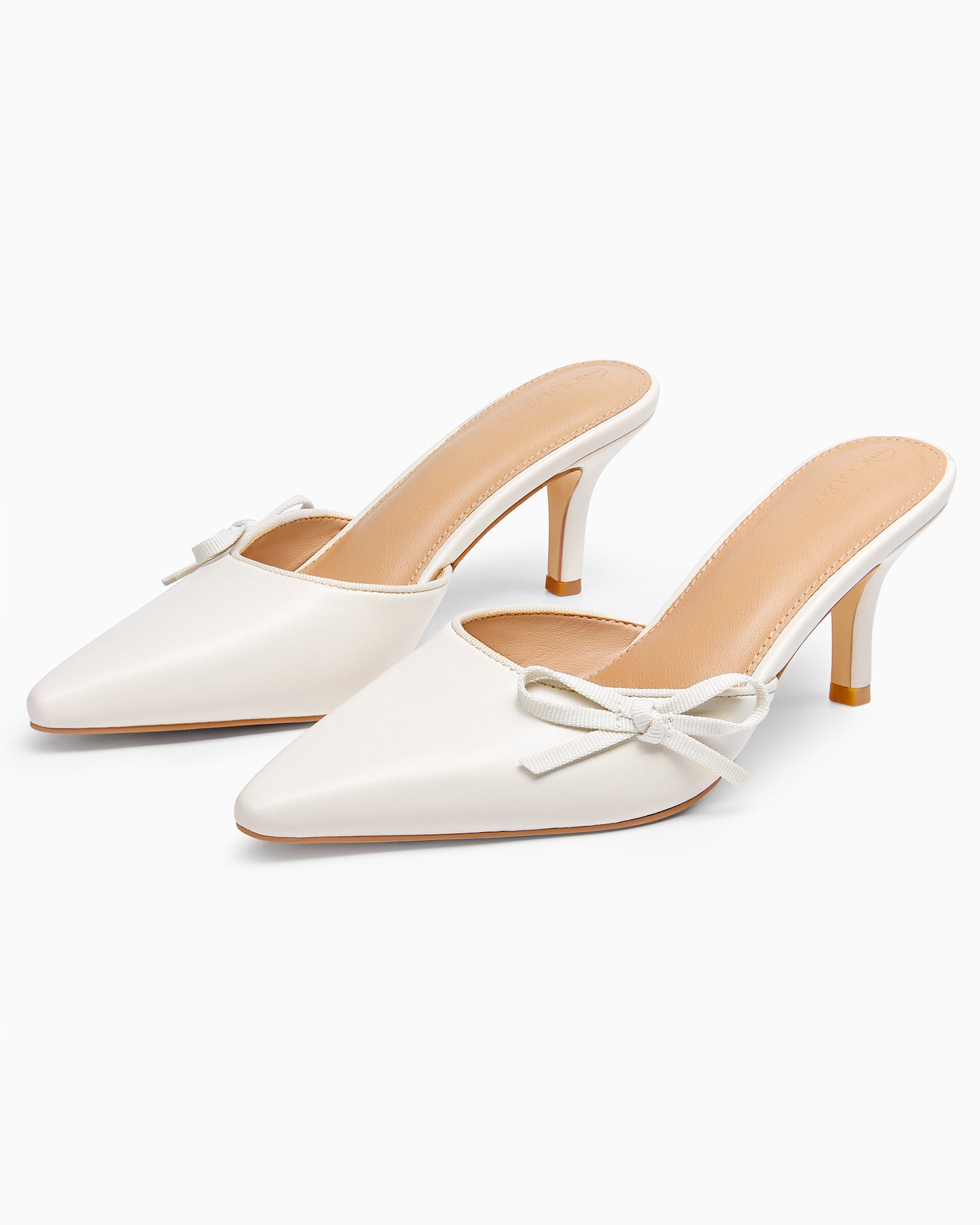 Coutgo Womens Off White Bow Tie Mules Heels