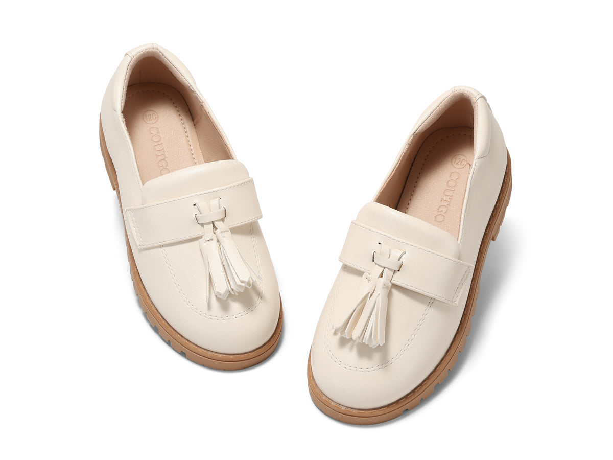 Coutgo Girls Cream White Pu Platform Slip Loafers