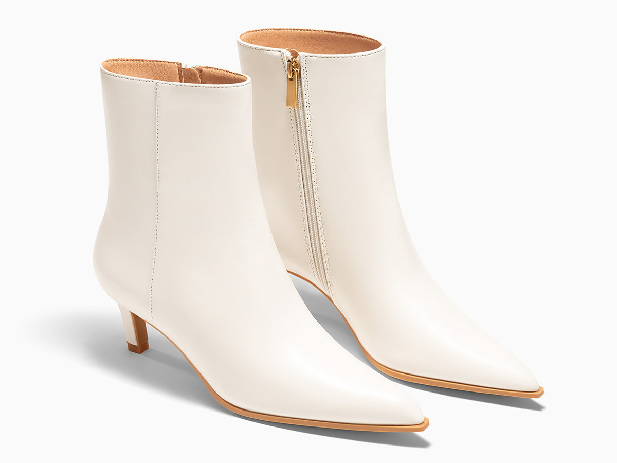 Coutgo Womens Cream White PU Pointed Toe Kitten Heel Side Zipper Fall Ankle Boots