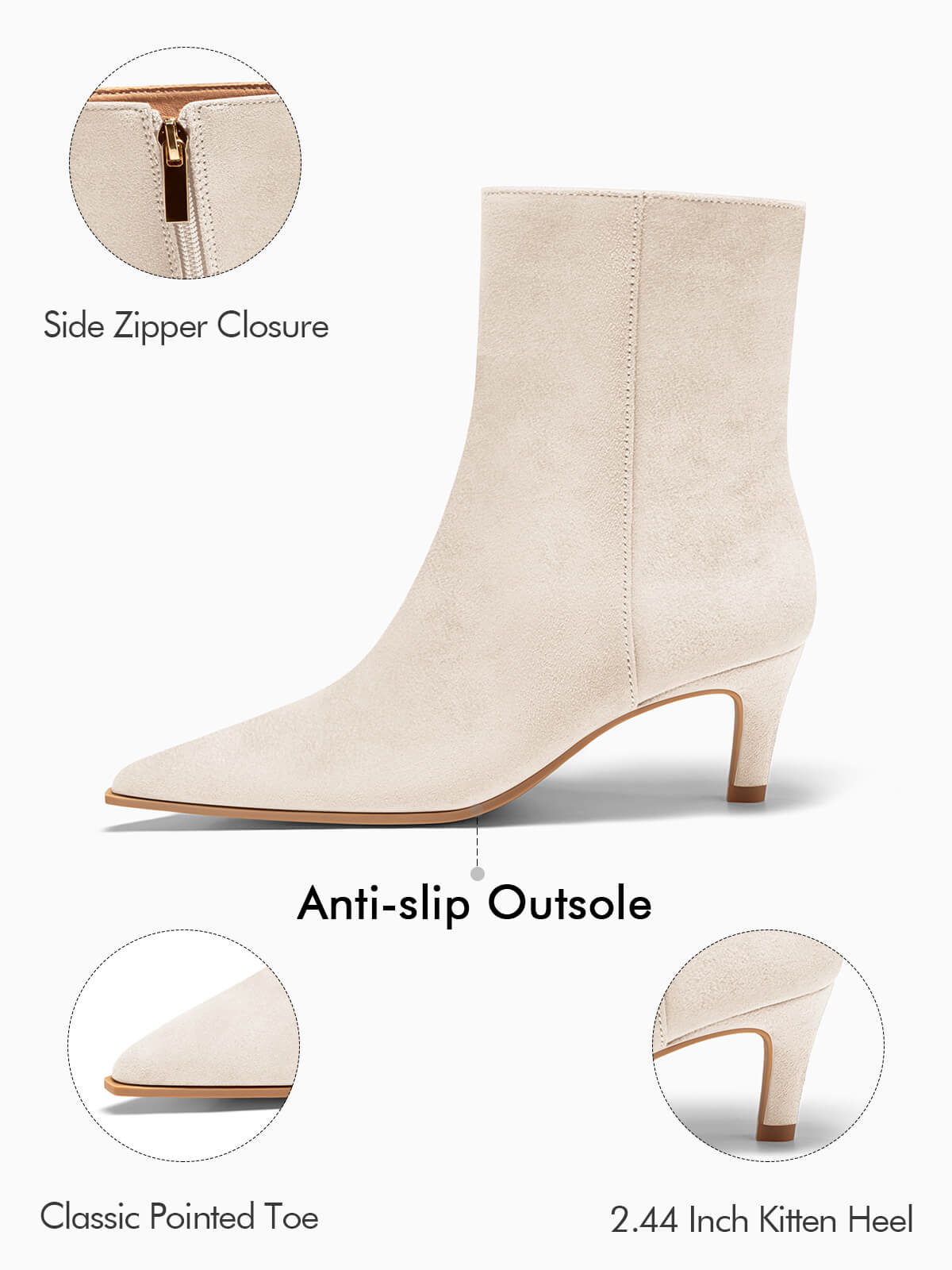 Coutgo Womens Beige Suede Pointed Toe Kitten Heel Side Zipper Fall Ankle Boots