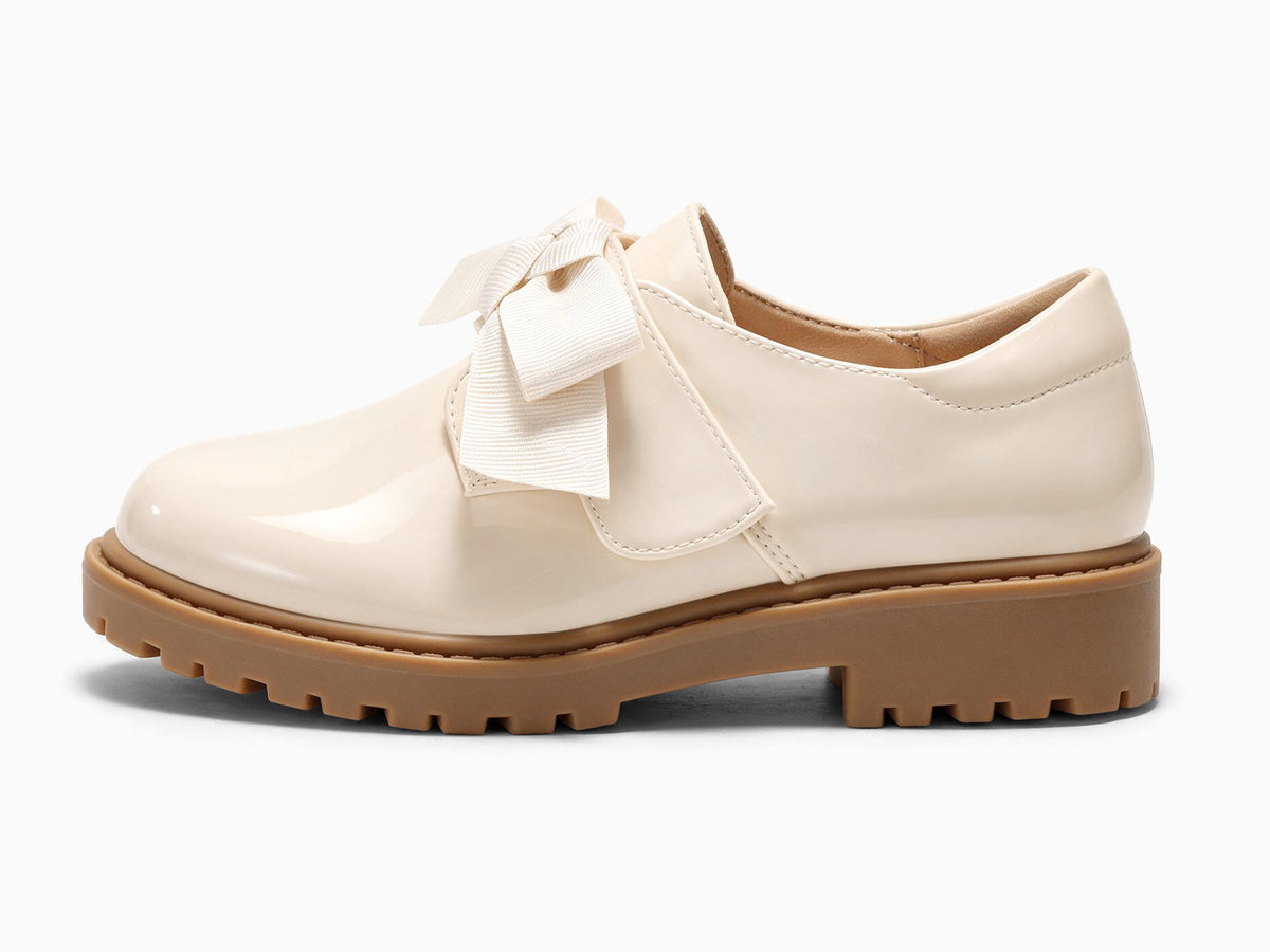 Coutgo Girls Beige Patent Bow Platform Loafers