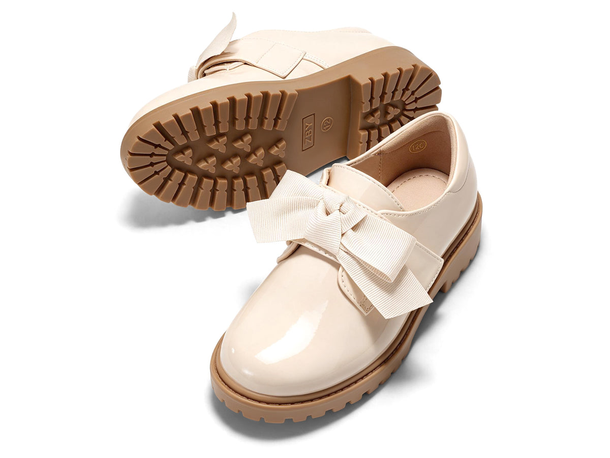 Coutgo Girls Beige Patent Bow Platform Loafers