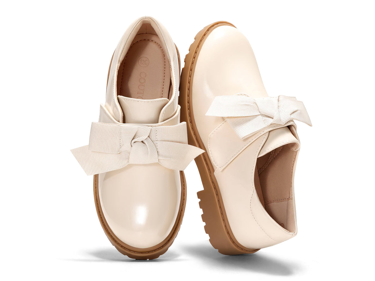 Coutgo Girls Beige Patent Bow Platform Loafers