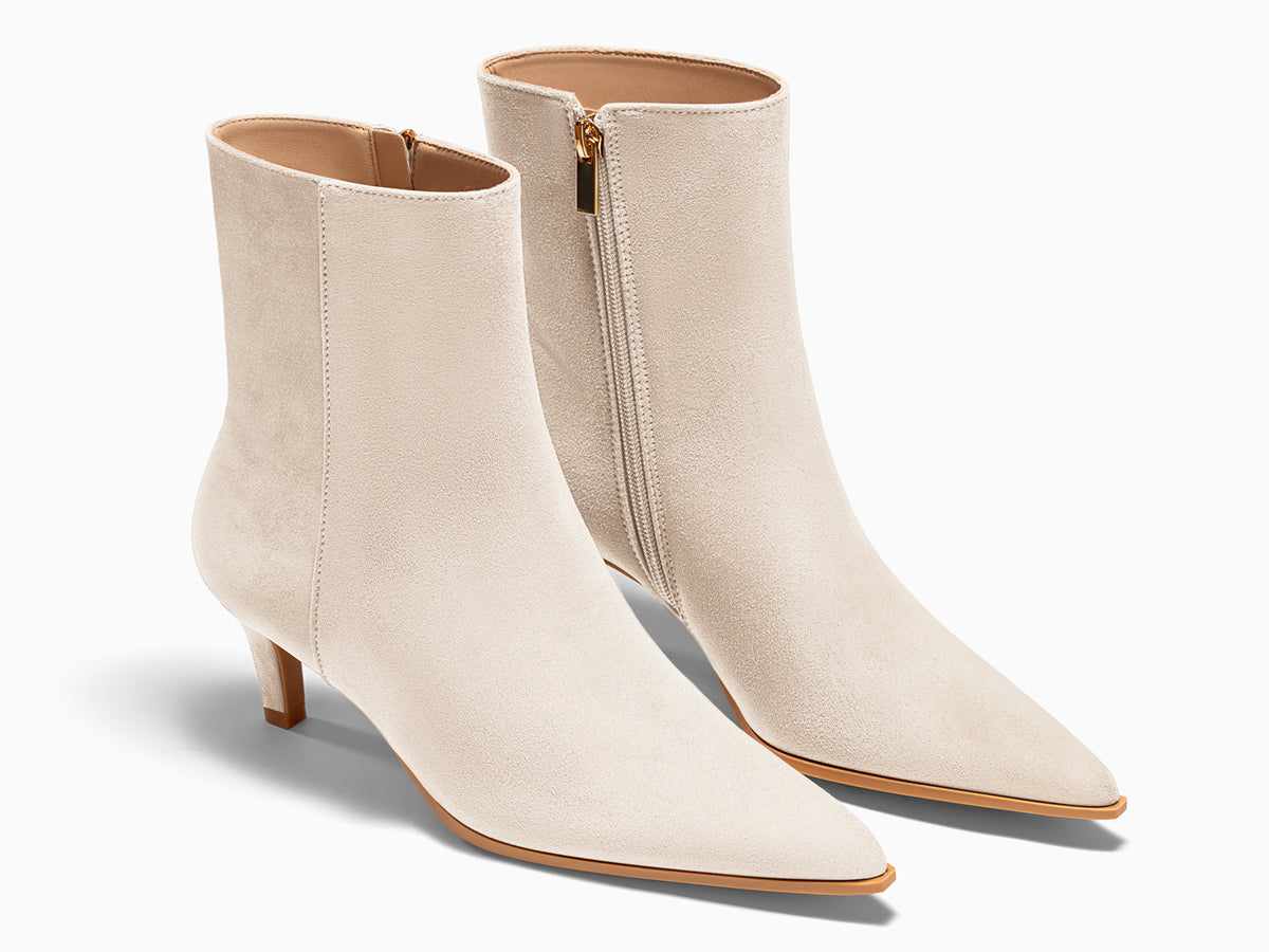 Coutgo Womens Beige Suede Pointed Toe Kitten Heel Side Zipper Fall Ankle Boots