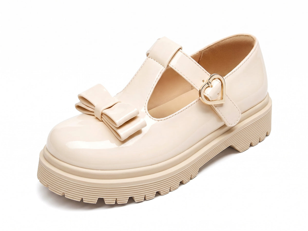 Coutgo Girls Apricot Beige Bow T-Strap Patent Chunky Platform Mary Jane Flats