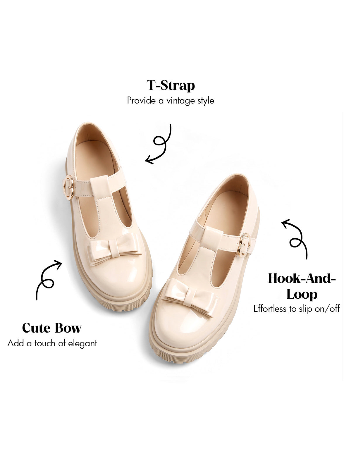 Coutgo Girls Apricot Beige Bow T-Strap Patent Chunky Platform Mary Jane Flats