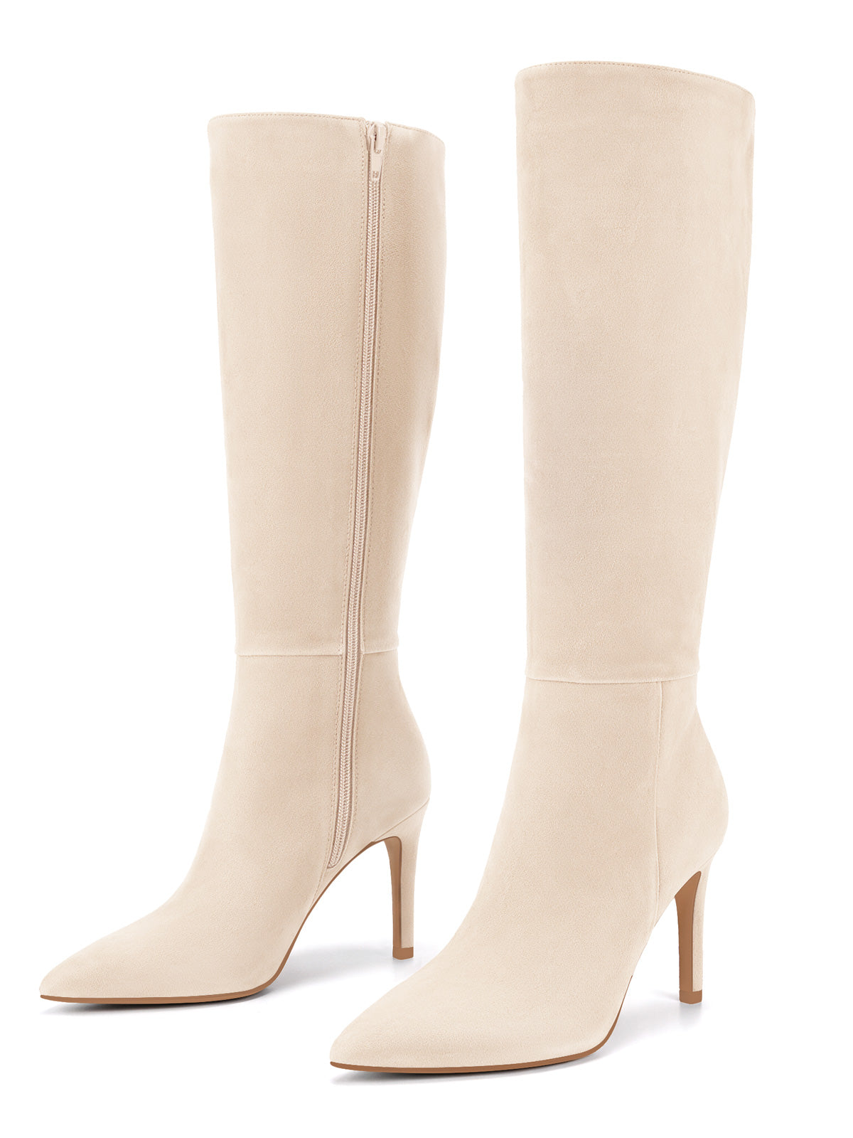 Coutgo Womens Nude Suede Stiletto Knee Boots
