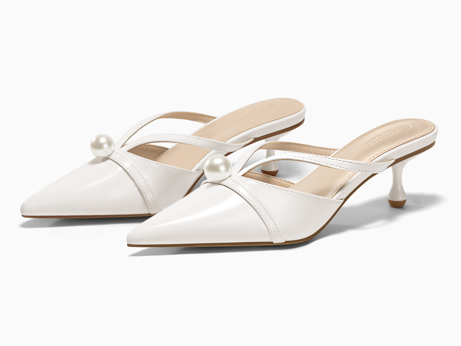 Coutgo Womens Cool White Pearl Kitten Heels