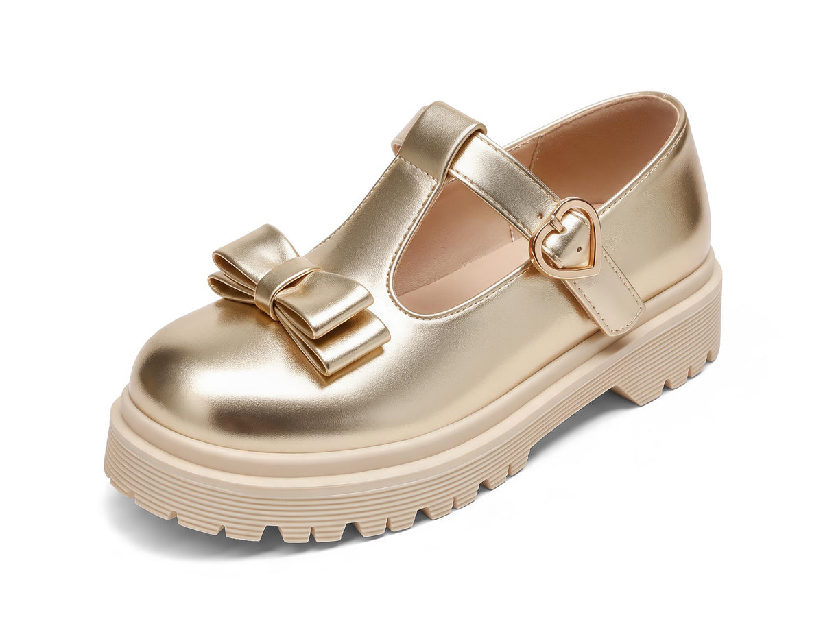 Coutgo Girls Light Gold PU Bow T-Strap Patent Chunky Platform Mary Jane Flats