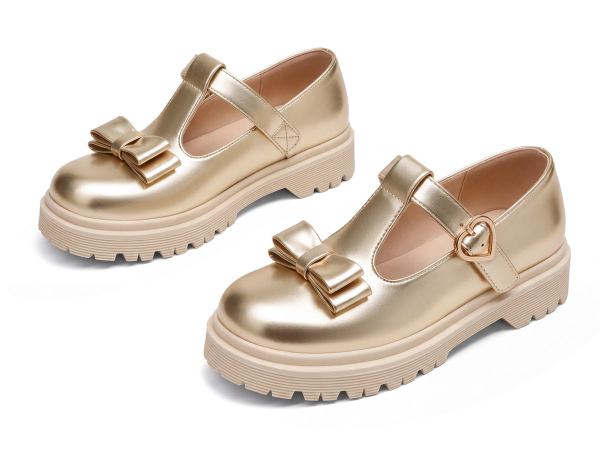 Coutgo Girls Light Gold PU Bow T-Strap Patent Chunky Platform Mary Jane Flats