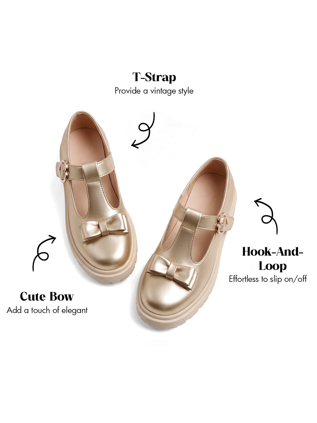 Coutgo Girls Light Gold PU Bow T-Strap Patent Chunky Platform Mary Jane Flats