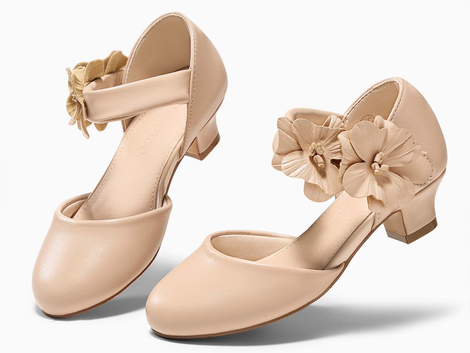Coutgo Girls Light Khaki Closed Toe Low Chunky Heels