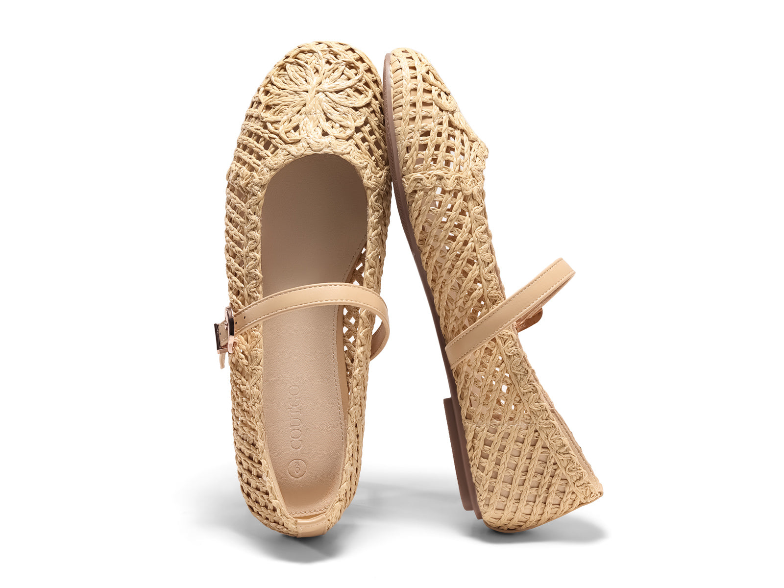 Coutgo Womens Mary Jane Apricot Woven Flats