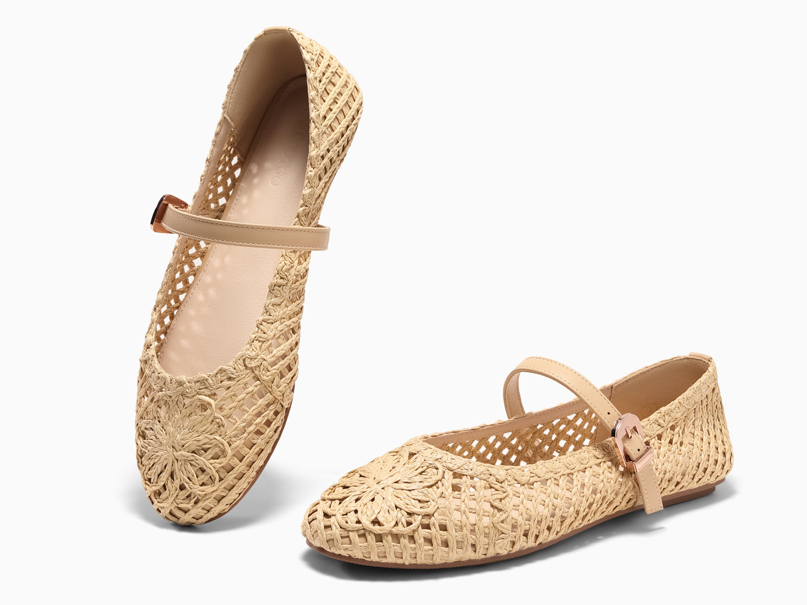 Coutgo Womens Mary Jane Apricot Woven Flats