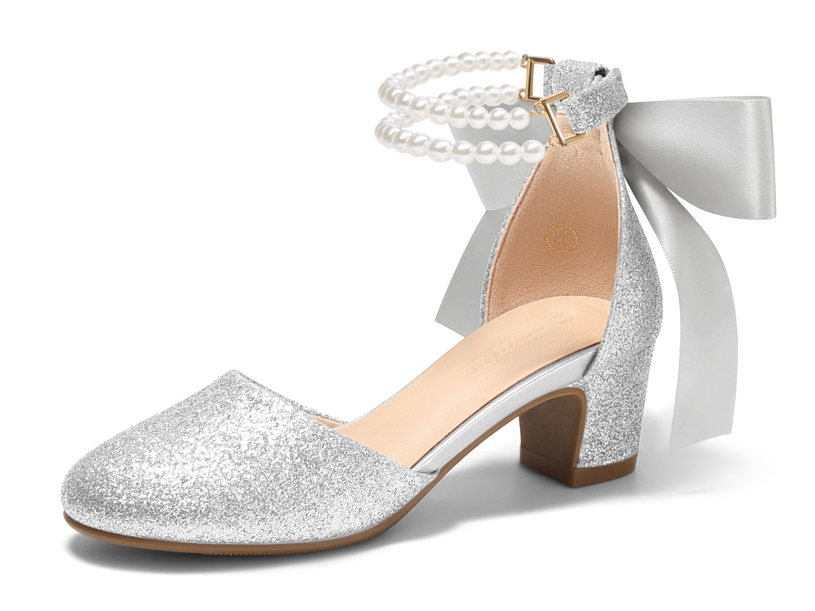 Coutgo Girls Sliver Glitter Bow Pumps