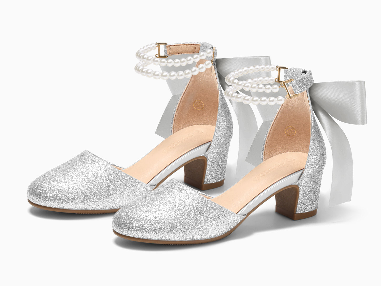 Coutgo Girls Sliver Glitter Bow Pumps
